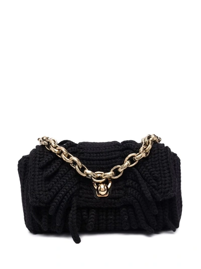 Ermanno Scervino Faubourg Baguette Bag In Knit With Black Fringes In Nero