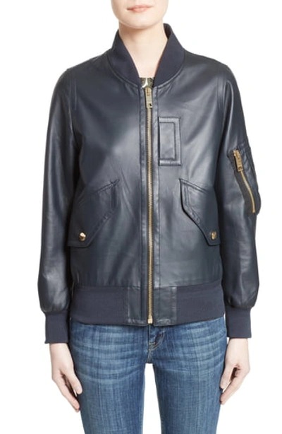 Burberry Penhale Lightweight Leather Bomber Jacket In Navy