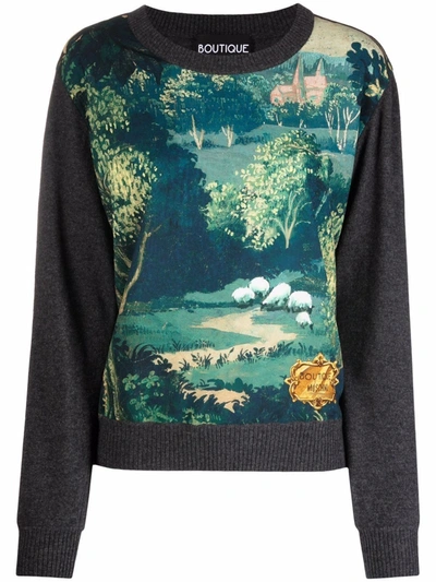 Boutique Moschino Landscape Extra-fine Merino Wool Jumper In Dark Grey