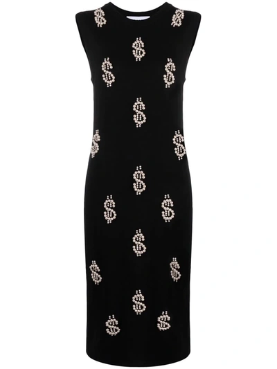 Moschino Dollar Sign Pearl-embellished Knitted Dress In Black