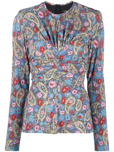Isabel Marant Linazi Gathered Printed Jersey Top In Blue