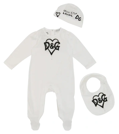 Dolce & Gabbana Baby Printed Onesie, Bib And Hat Set In White