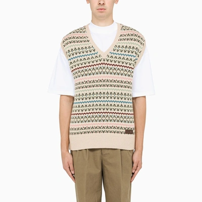 Dsquared2 Beige Knitted Waistcoat With Multicolour Motif In ["beige"/ "multicolor"]
