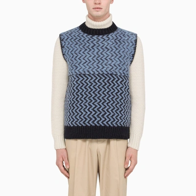 Jil Sander Blue/light Blue Wool Bloend Waistcoat With Motif