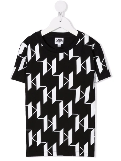 Karl Lagerfeld Kids' Monogram-print Short-sleeve T-shirt In Black