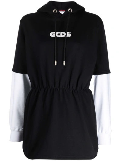 Gcds Black And White Cotton Dress With Logo Print