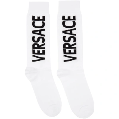 Versace White & Black Long Logo Socks In I4d1 White Black