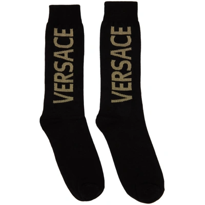 Versace Black & Gold Long Logo Socks In I450 Black Gold
