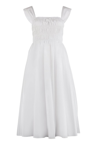 Staud Ida Smocked Poplin Midi Dress In White