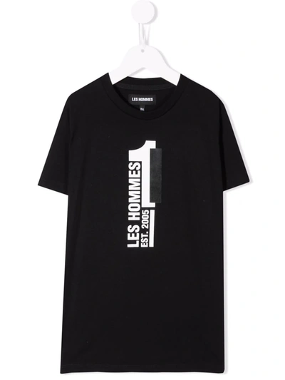 Les Hommes Kids' Black T-shirt For Boy With White Logo