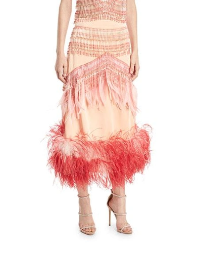 Prada Beaded Feather-trim Midi Skirt In Pink