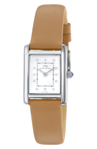 Porsamo Bleu Karolina Diamond Leather Strap Watch, 21.5mm X 30mm In Silver-cognac
