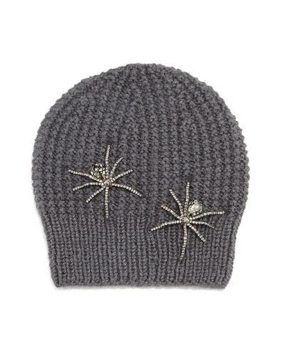 Jennifer Behr Double Crystal Spider Knit Beanie Hat, Slate