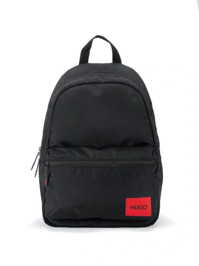 Hugo Backpack In Recycled Nylon With Red Logo Label In Black