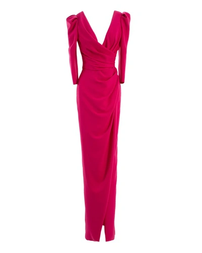 Gemy Maalouf Puffed Shoulders Long Crepe Dress In Red
