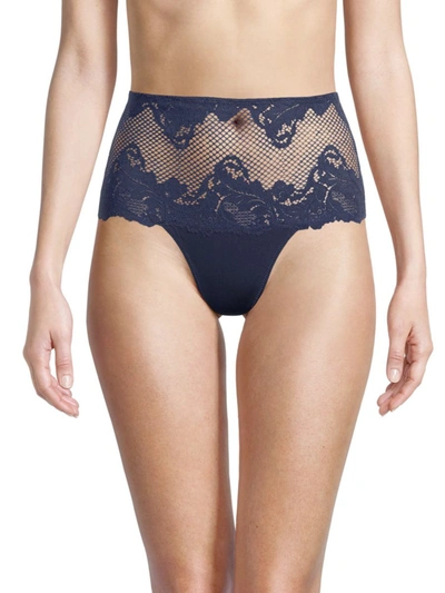 Le Mystere Lace Allure High Waist Thong In Navy Blue