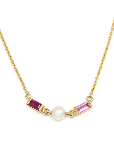 Poppy Finch Baguette Ruby Pink Sapphire Pearl 14k Gold Necklace In Metallic