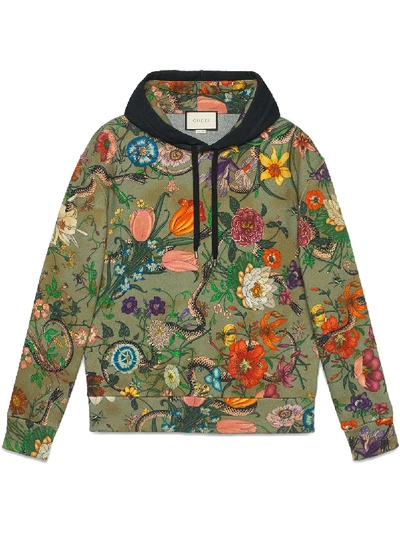 Gucci Floral Snake-print Cotton-jersey Hooded Sweatshirt In Green