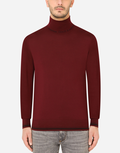 Dolce & Gabbana Wool Turtle-neck Sweater With Jacquard Logo In Bordeaux