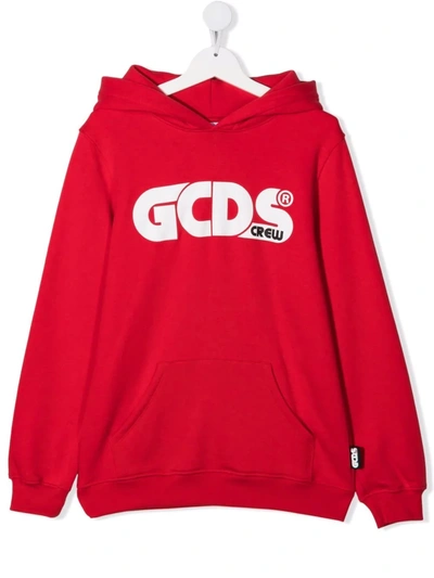 Gcds Kids' Printed Logo Cotton Sweatshirt Hoodie In Red