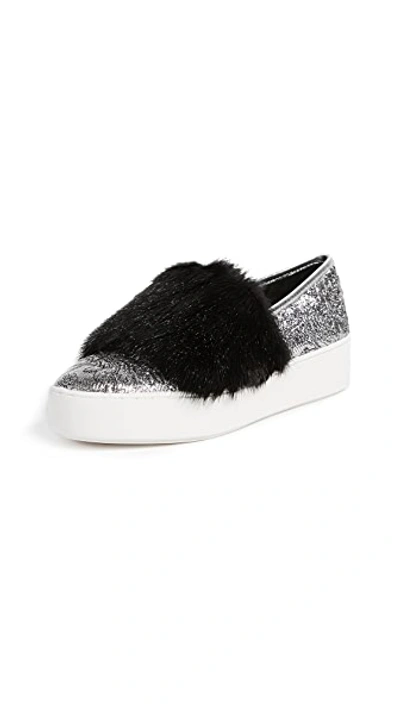 Michael Kors Collection Women's Lorelai Brocade And Mink Fur Slip-on Sneakers In Silver