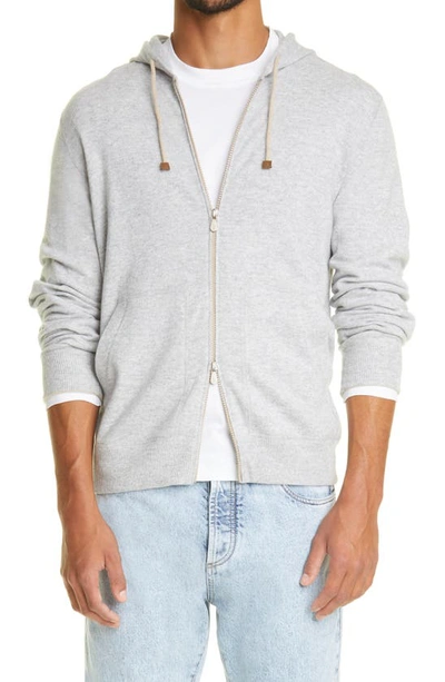 Brunello Cucinelli Cashmere Zip Front Hoodie In Light Grey