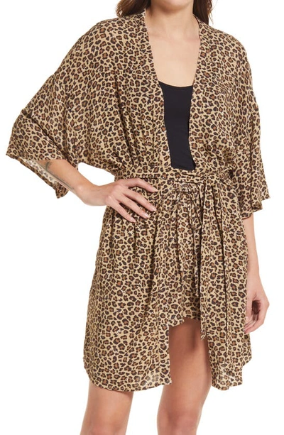 New Friends Colony Olivia Animal Print Duster & Shorts Set In Brown Leopard Combo