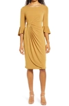 Connected Apparel Faux Wrap Bell Sleeve Jersey Cocktail Dress In Mustard