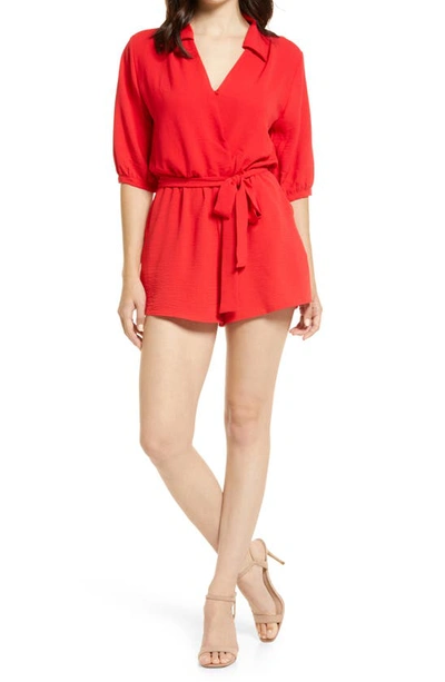 Fraiche By J Balloon Sleeve Tie Front Romper In Red