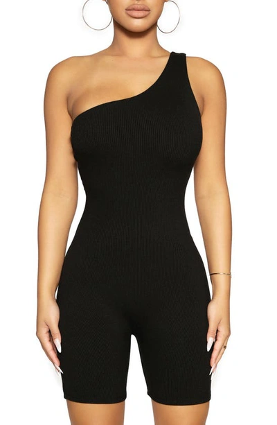 Naked Wardrobe Microrib One-shoulder Romper In Black