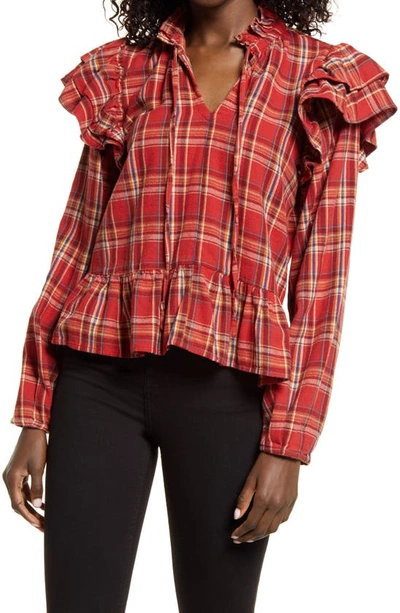 Blanknyc Ruffle Detail Plaid Shirt In Red