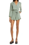 Fraiche By J Flaired Tie Waist Long Sleeve Romper In Olive