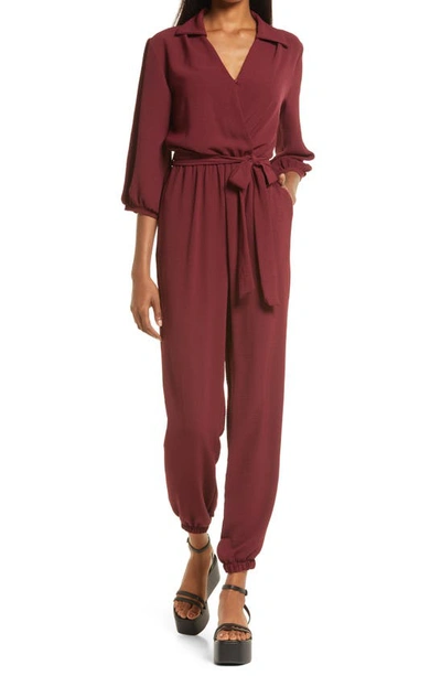 Fraiche By J Tie Waist Long Sleeve Jumpsuit In Wine