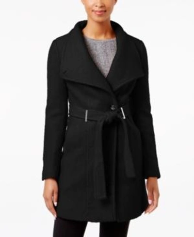 Calvin Klein Petite Belted Asymmetrical Walker Coat In Black