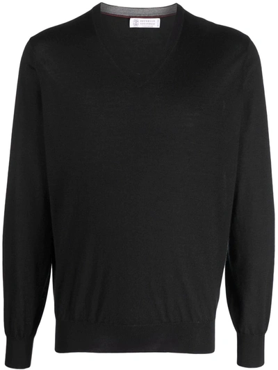 Brunello Cucinelli V-neck Knitted Jumper In Schwarz