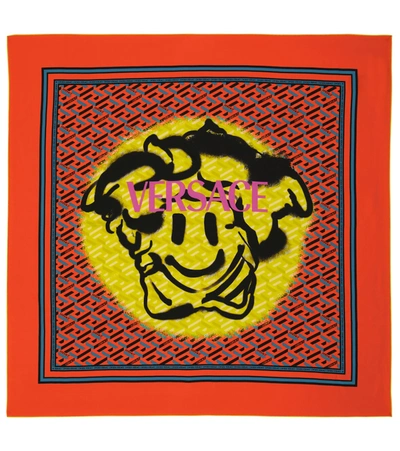 Versace Graffiti Smiling Medusa Silk Scarf In Brown