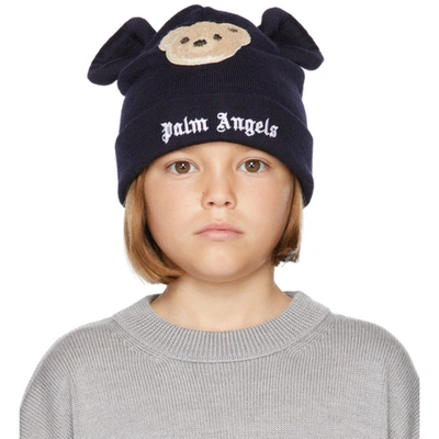 Palm Angels Kids' Navy Bear Cotton Beanie Hat In Navy Blue