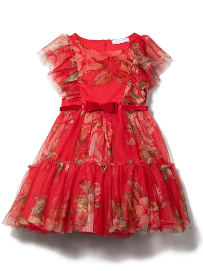 Monnalisa Kids' Rose Print Ruffled Pleated Dress In Red