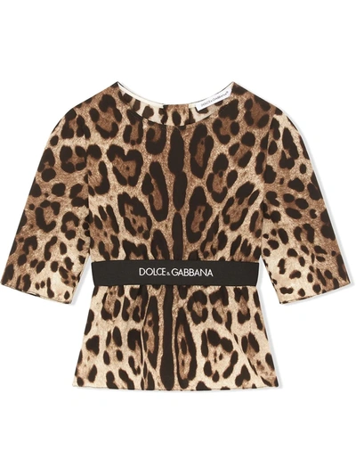 Dolce & Gabbana Kids' Leopard-print Stretch-silk Top In Brown