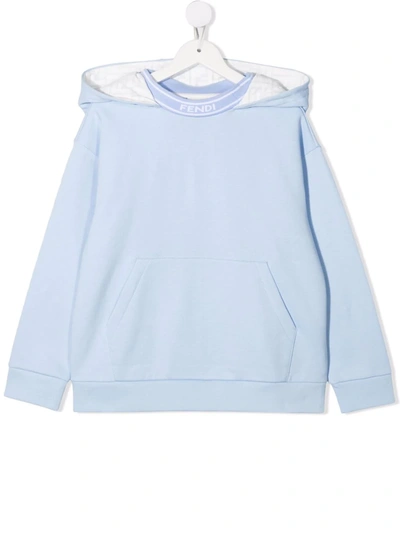 Fendi Kids' Logo-collar Cotton Hoodie In Sky Blue