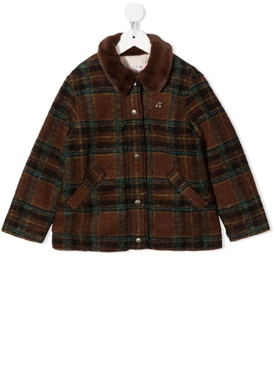 Bonpoint Kids' Plaid Faux-fur Collar Jacket In Brown