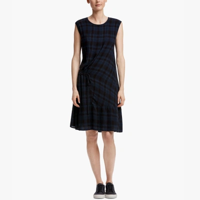 James Perse Gathered Plaid Shift Dress In French Navy/burnt Fig