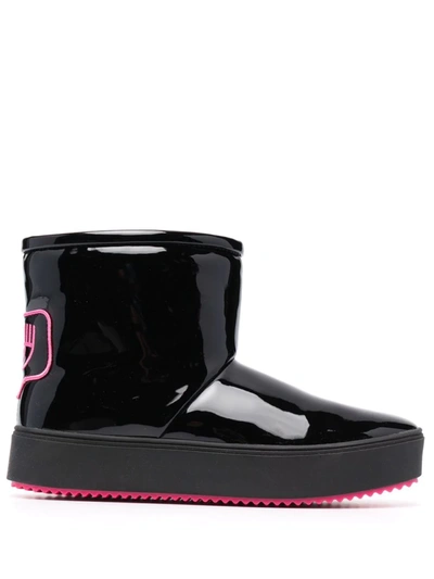 Chiara Ferragni High-shine Logo-patch Ankle Boots In Black