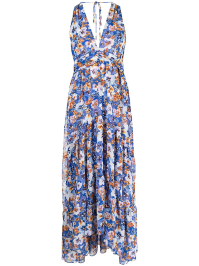 Misa Dominika Floral-print Chiffon Maxi Dress In Blue