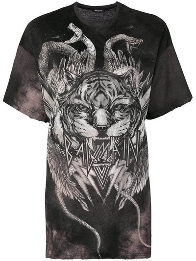 Balmain Oversized Tiger Print T-shirt In Black