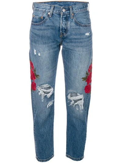 Levi's Embroidered Distressed Cropped Jeans In Blue