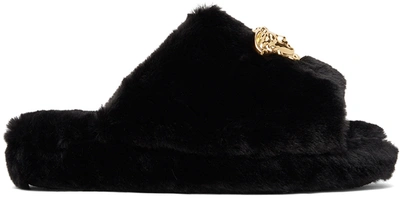 Versace Logomania Fuzzy Open-toe Slippers In Black