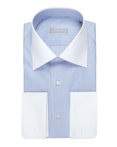 Stefano Ricci Striped Dress Shirt With Solid Collar & Cuffs In Blue