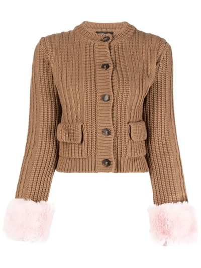 Blumarine Wool And Cashmere Cardigan With Eco Fur Inserts In Brown
