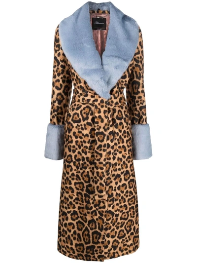 Blumarine Animalier Printing Long Coat W/ecu Fur Collar In Brown,light Blue